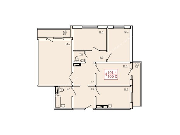 Планировка четырехкомнатной квартиры 105 кв.м. Этажи 10-16