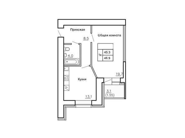 Планировка однокомнатной квартиры 46,9 кв.м