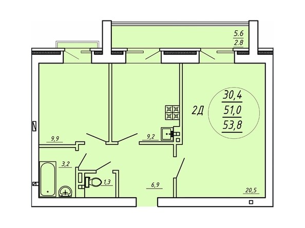 2-комнатная 53,8 кв.м