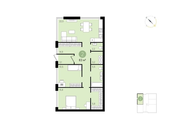 Планировка 2-комнатной квартиры 83 кв.м