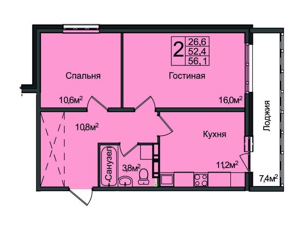 Планировка 2-комнатной квартиры 56,0