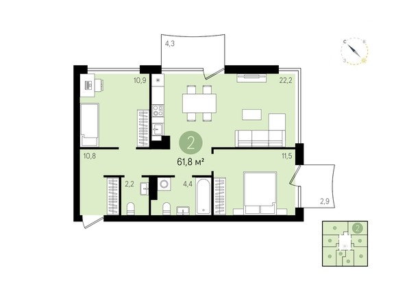 Планировка 2-комнатной квартиры 61,8 кв.м