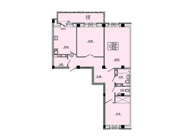 Планировка 3-комнатной квартиры 97,65 кв.м