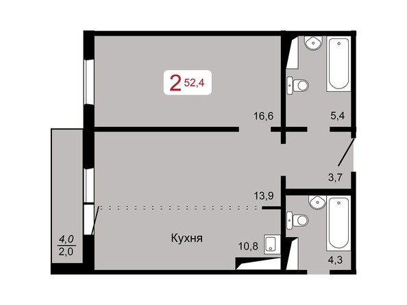 2-комнатная 52,4 кв.м