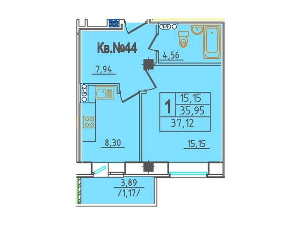 Планировка 1-комнатной квартиры, 37,12 кв.м