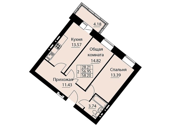 Планировка двухкомнатной квартиры 58,2 кв.м