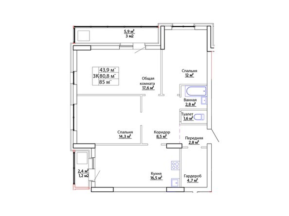 Планировка трёхкомнатной квартиры 85 кв. м

