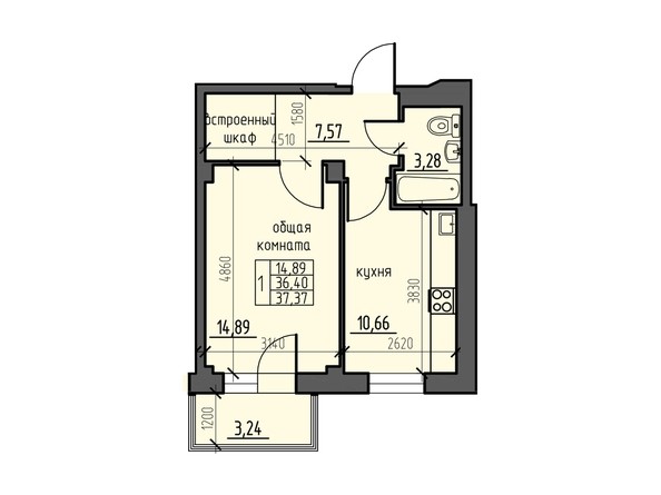 Планировка однокомнатной квартиры 37,37 кв.м