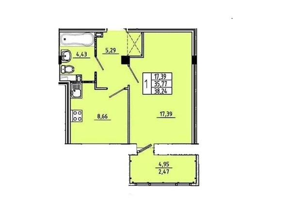 Планировка 1-комнатной квартиры 38,24 кв.м