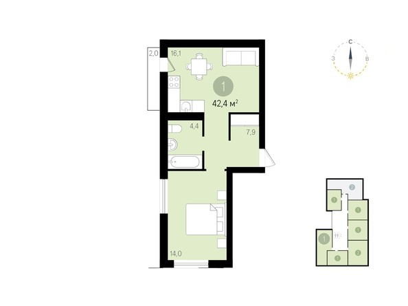 Планировка 1-комнатной квартиры 42,4 кв.м