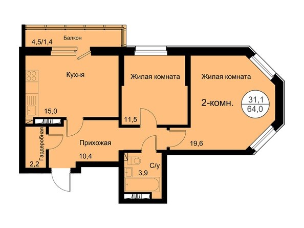Планировка 2-комнатной квартиры 64 кв.м