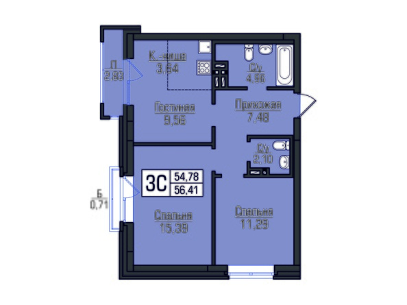 3-комнатная 56,41 кв.м