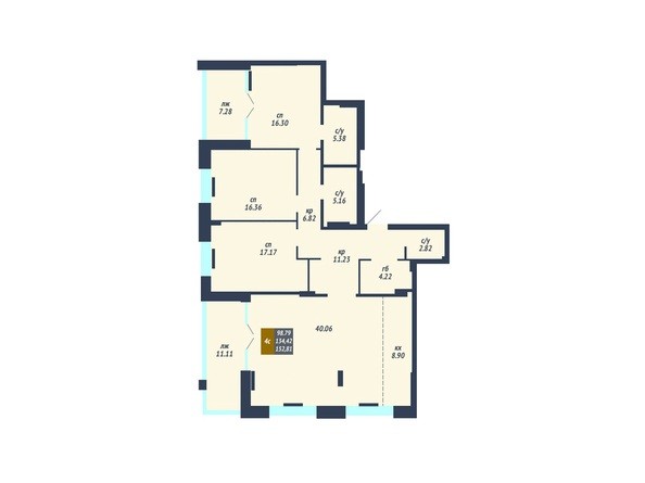 Планировка 4-комнатной квартиры 134,42 кв.м