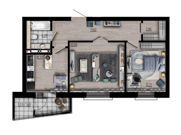 Планировка двухкомнатной квартиры 59,79 кв.м