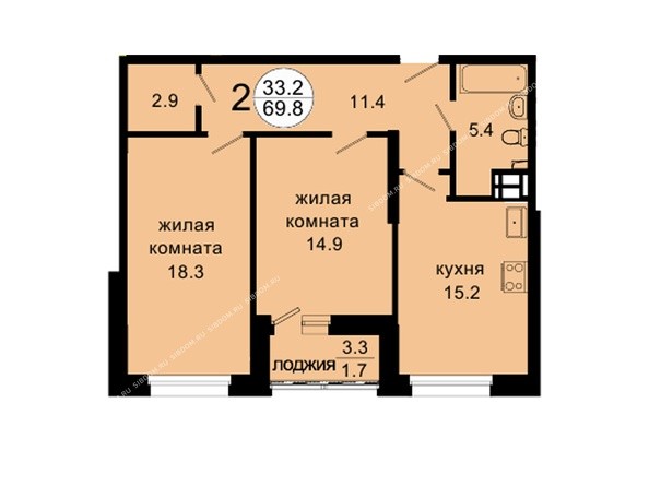 Планировка однокомнатной квартиры 69,8 кв.м
