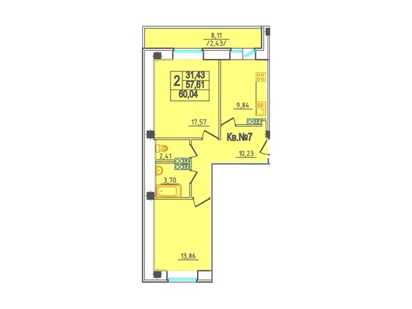 Планировка 2-комнатной квартиры, 60,04 кв.м