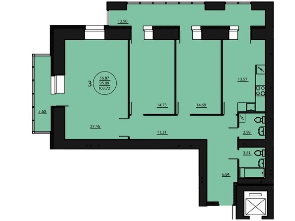 Планировка трехкомнатной квартиры 103,72 кв.м