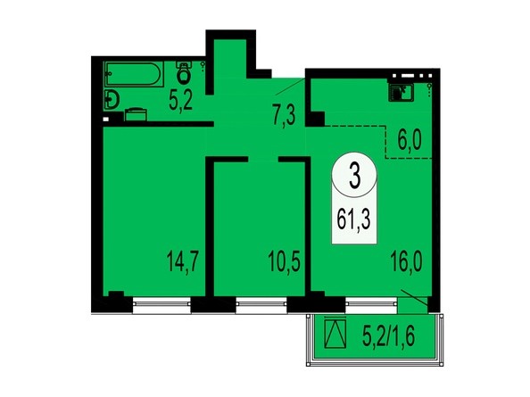 Планировка 3-комнатной квартиры 61,3 кв.м