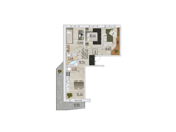 Планировка трехкомнатной квартиры 74,79 кв.м