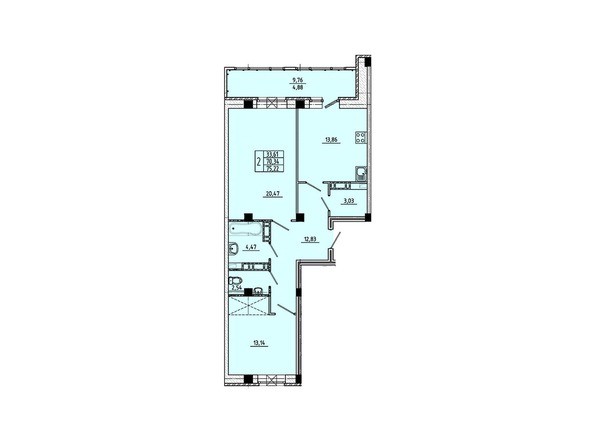 Планировка 2-комнатной квартиры 75,22 кв.м