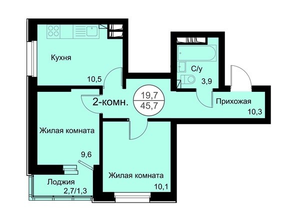 Планировка 2-комнатной квартиры 45,7 кв.м