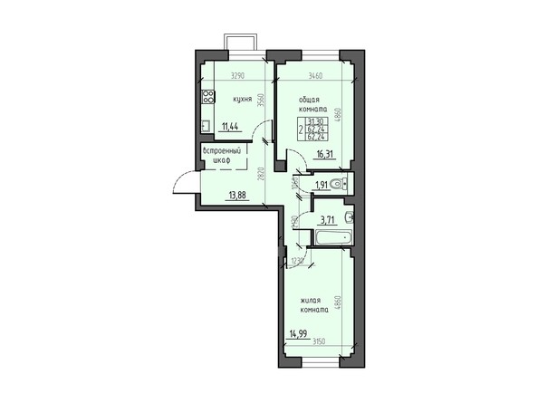 Планировка двухкомнатной квартиры 62,24 кв.м
