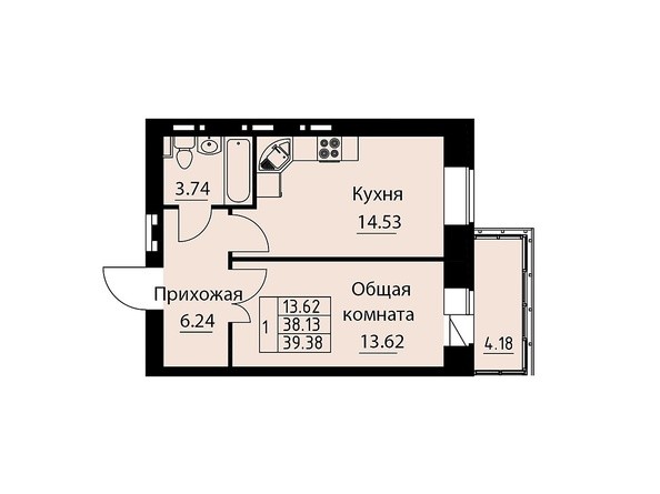 Планировка однокомнатной квартиры 39,38 кв.м
