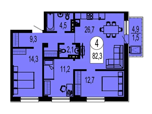 Планировка четырехкомнатной квартиры 82,3 кв.м