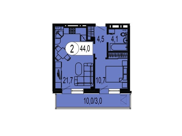 Планировка двухкомнатной квартиры 44,0 кв.м
