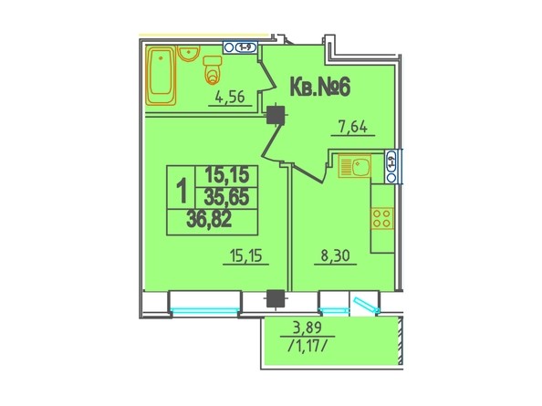 Планировка 1-комнатной квартиры, 36,82 кв.м