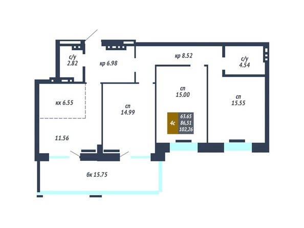 Планировка 4-комнатной квартиры 86,51 кв.м