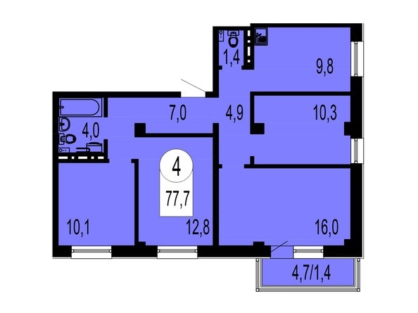 Планировка 4-комнатной квартиры 77,7 кв.м