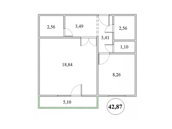Планировка 1-комнатной квартиры 42,87 кв.м
