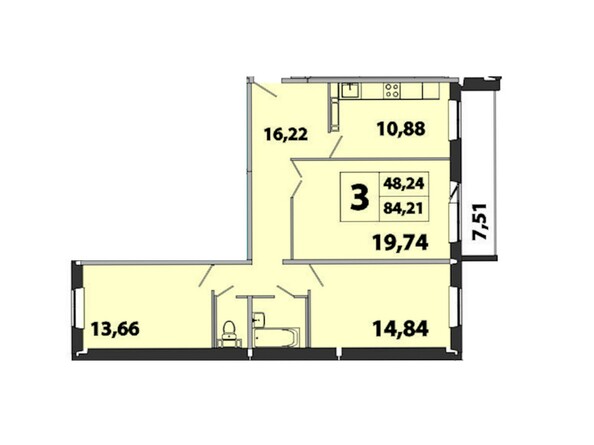 Планировка трёхкомнатной квартиры 84,2 кв.м