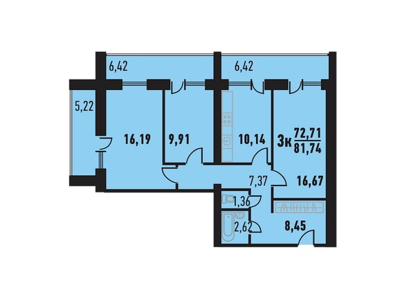 Планировка трёхкомнатной квартиры 81,74 кв.м