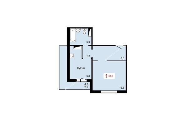 1 блок-секция. Планировка однокомнатной квартиры 44,5 кв.м