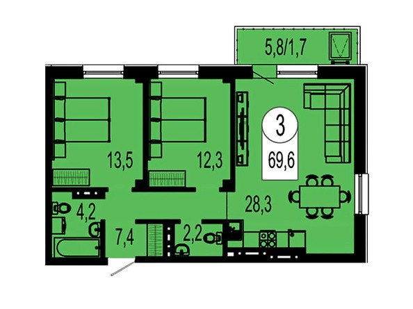 Планировка трехкомнатной квартиры 69,6 кв.м