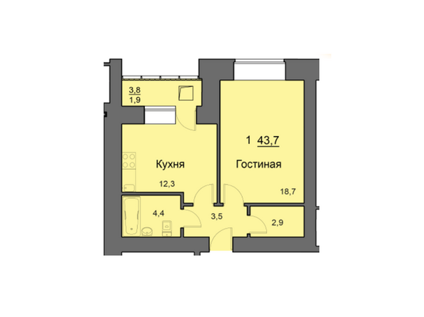 Планировка однокомнатной квартиры 43,7 кв.м