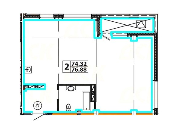 Планировка 2-комнатной квартиры 76,88 кв. м