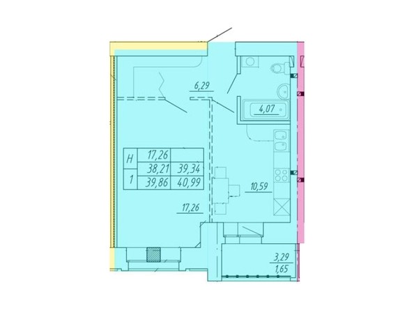 Планировка 1-комнатной квартиры 40,99 кв.м