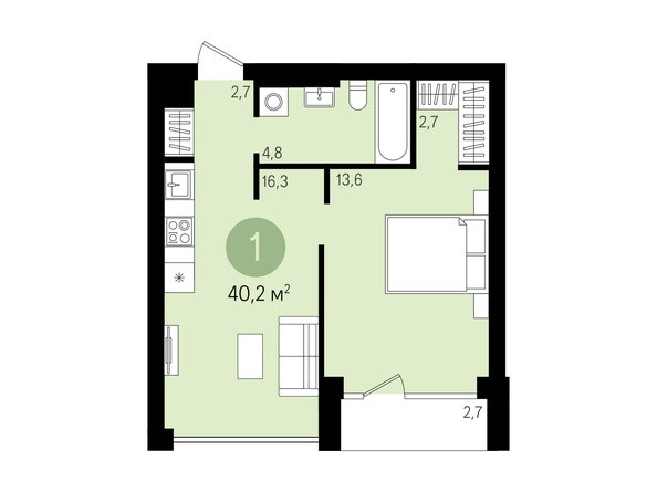 1-комнатная 45,6 кв.м