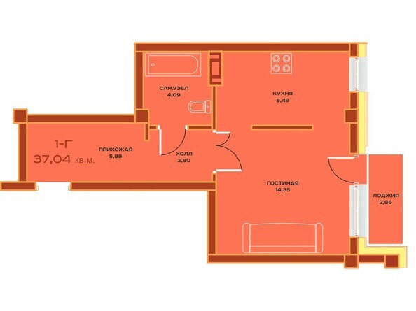 Планировка однокомнатной квартиры 37,04 кв.м