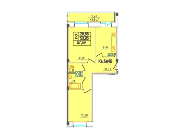 Планировка 2-комнатной квартиры, 57,59 кв.м