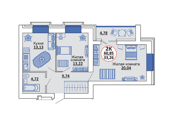 Планировка 2-комнатной квартиры 63,24 кв.м