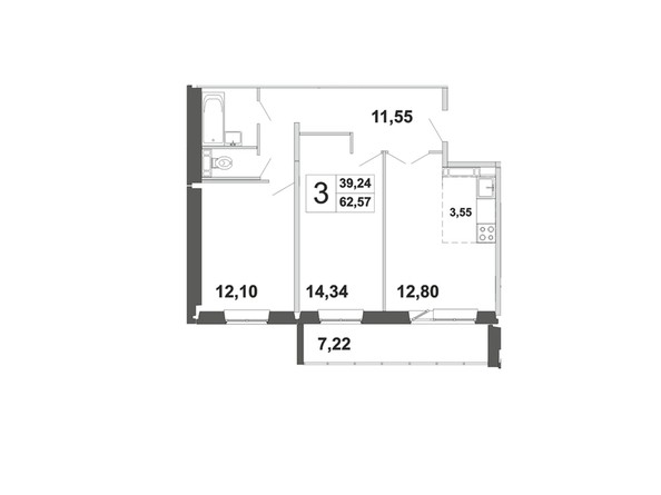 Планировка трёхкомнатной квартиры 62,57 кв.м