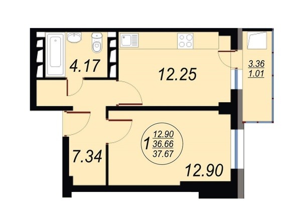 Планировка однокомнатной квартиры 37,67 кв.м