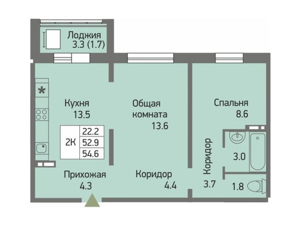 Планировка 2-комн 53,9 - 55 м²