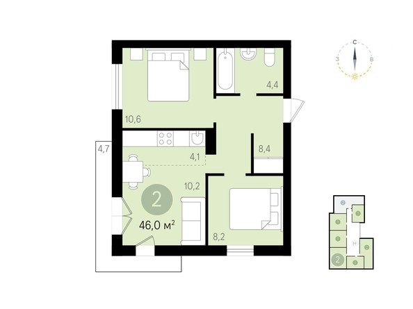 Планировка 2-комнатной квартиры 46,0 кв.м