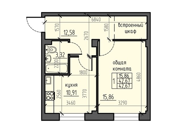Планировка однокомнатной квартиры 42,67 кв.м