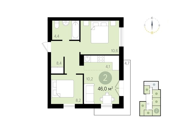 Планировка 2-комнатной квартиры 46,0 кв.м
